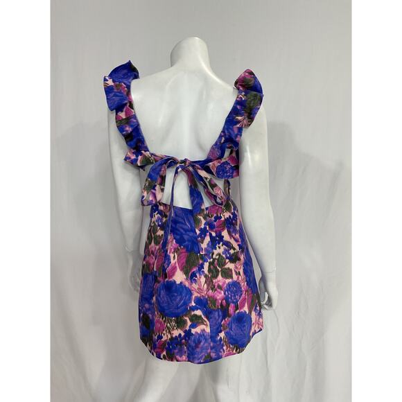 Zimmermann 'High' Purple Floral Print Tide Cut-Out Frilled Mini Dress Size 0 - Picture 3 of 5
